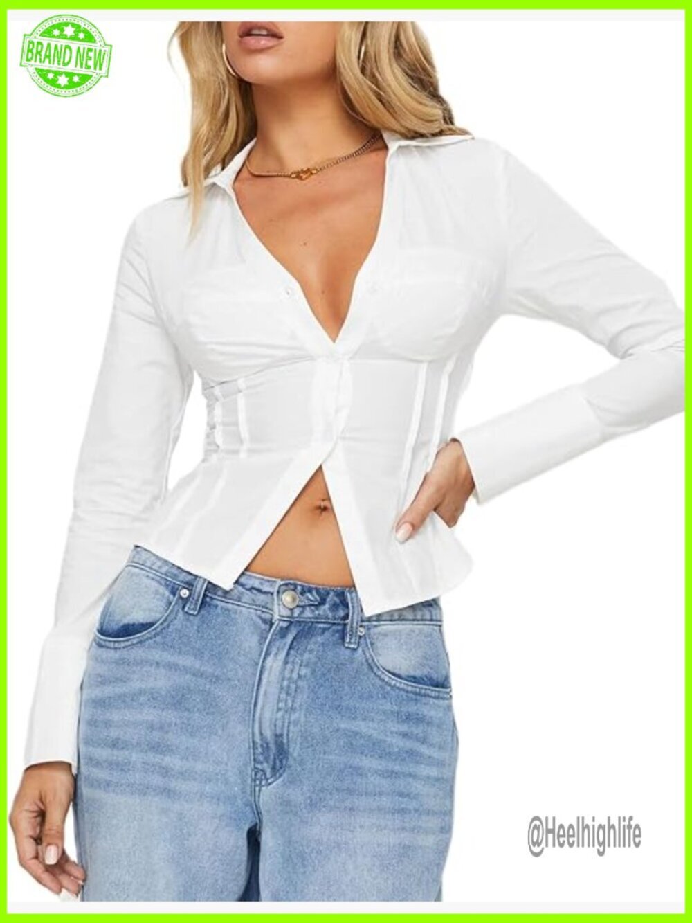 Long Sleeve Button Up Crop Top Blouse Slim Fit Y2K Going Out Vintage Collared